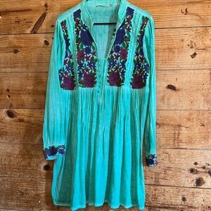 Soft Surroundings Embroidered Teal Tunic with Floral Accents